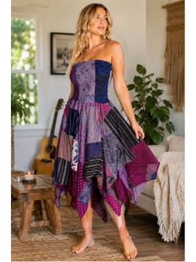 Ashley Taylor Patchwork Handkerchief Hem Strapless Boho Midi Dress One Size NWOT